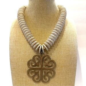 Genuine Stone Necklace w/ Brass Pendant Fleur de Lis: chunky stacked w/ toggle